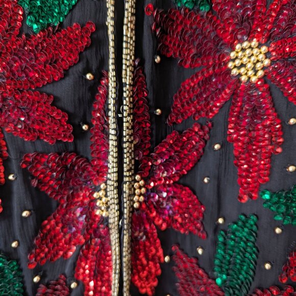Vintage Scala 100% Silk Sequin Beaded Poinsettia Christmas Holiday Vest Size S - Picture 6 of 8